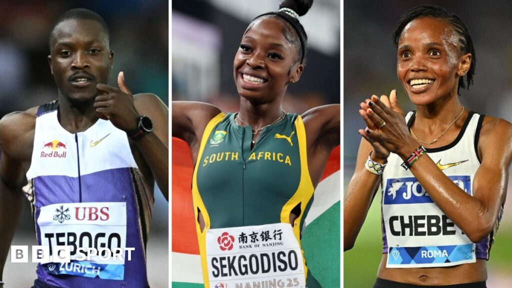 A triptych showing Letsile Tebogo, Prudence Sekgodiso and Beatrice Chebet at athletics events. Tebogo sprints towards the camera with his left arm raised, Sekgodiso smiles while holding up a South African flag behind her back and Chebet smiles while raising her hands to applaud