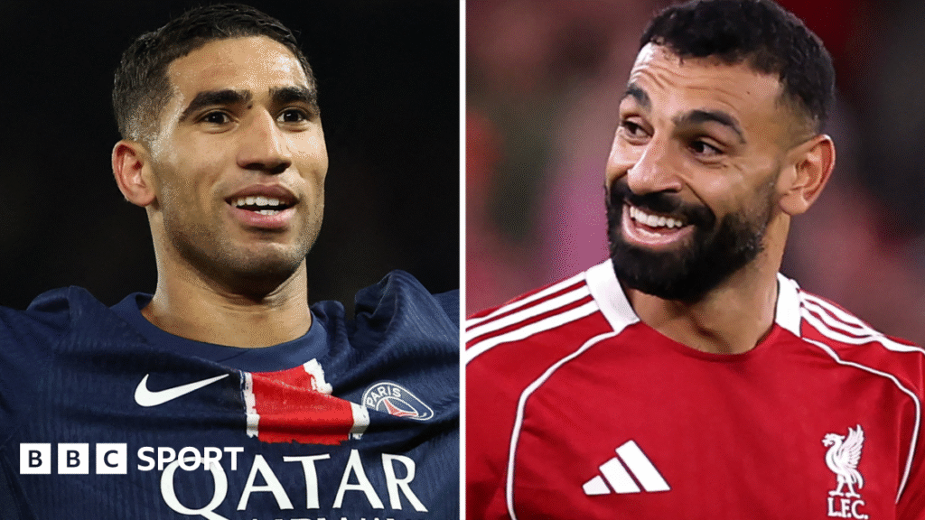A split image shows Achraf Hakimi wearing a blue Paris St-Germain shirt and Mohamed Salah wearing a Liverpool shirt. Both men are pictured from the chest up and are smiling