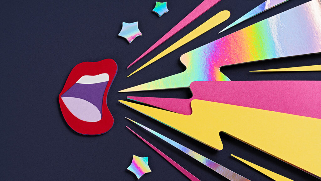 Paper Craft Open Red Mouth Shouting and Screaming Making Noise on Purple Background Front View.